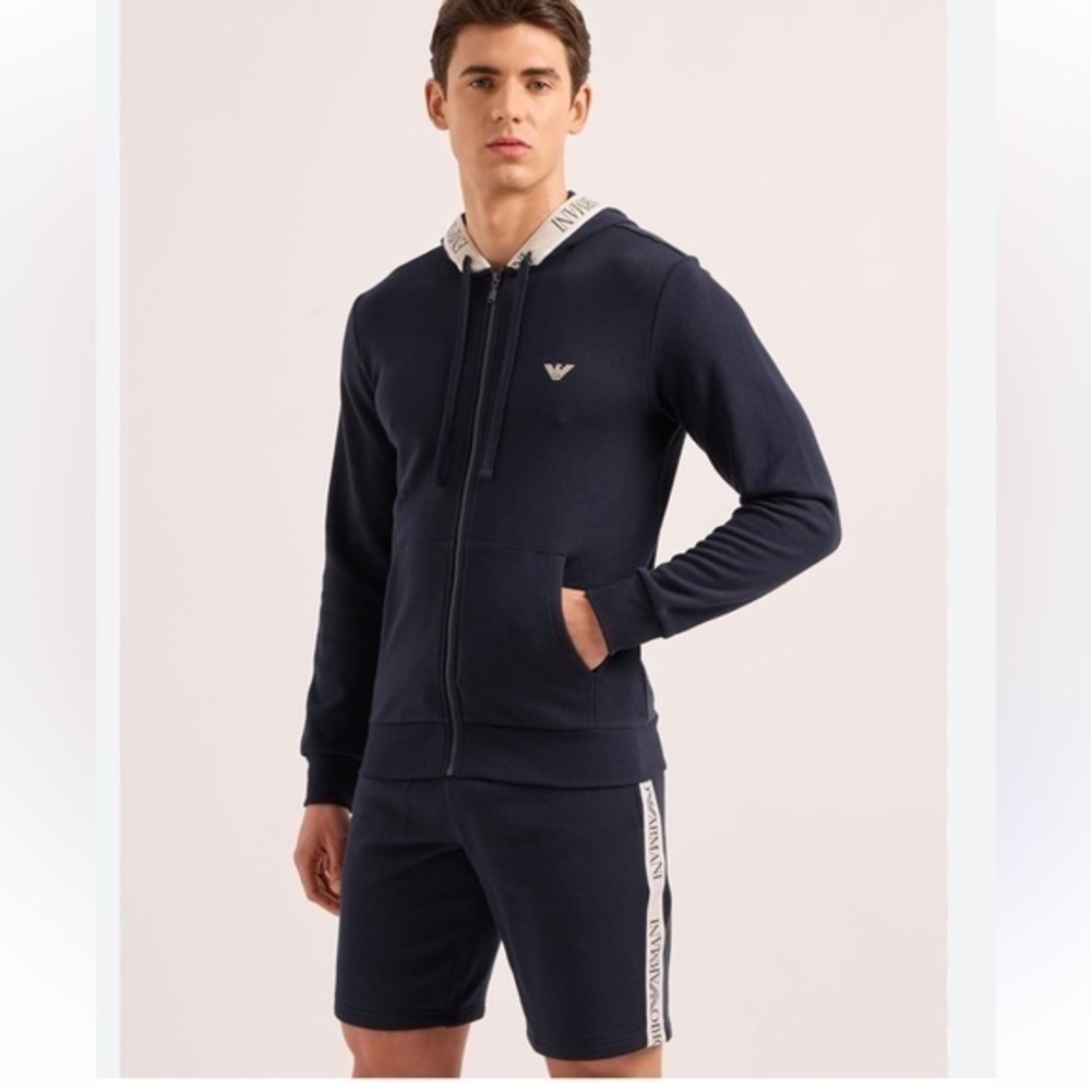 Armani Junior Iconic Terry Sweater Hooded Jacket Full Zip Navy Blue Grey Size 14